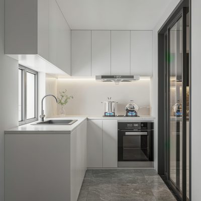 Modern Contemporary kitchen room 3d render.